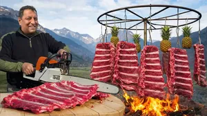 پخت دنده‌های بزرگ گاو روی آتش به روش آسادو