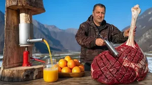 کباب کردن ران گاو غول‌پیکر با تزریق سس مخصوص