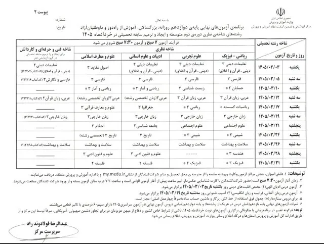 برنامه امتحانات نهایی خرداد ۱۴۰۵ دانش آموزان برنامه امتحانات نهایی خرداد ۱۴۰۵ دانش آموزان